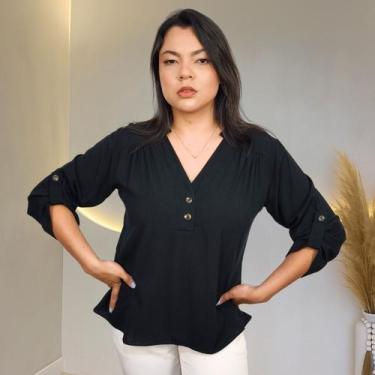 Imagem de Blusa Camisa Feminina Social Botões Manga 3/4 Formal Laura, Preto, G