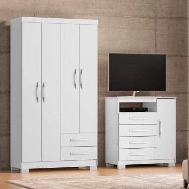 Imagem de Guarda-Roupa Solteiro 4 Portas 2 Gavetas Cômoda Sapateira Itapema Branco