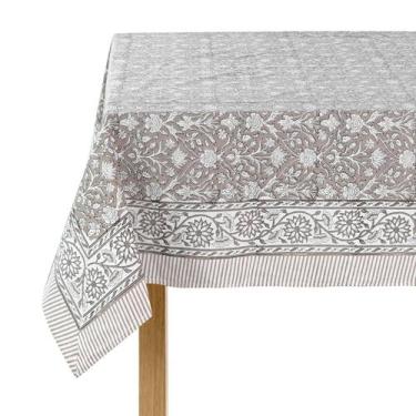 Imagem de Toalha de mesa Ridhi Taupe com estampa manual em bloco de algodão 300x