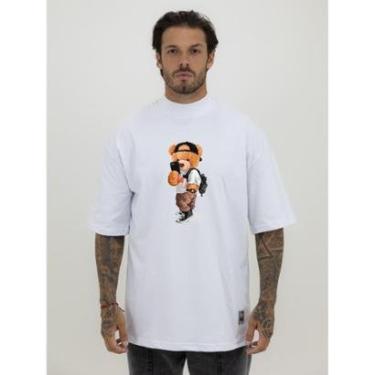 Imagem de Camiseta Camisa Oversized Gola Alta Estampa Teddy Urso Selfie Streetwear Algodão Premium Branco-Masculino