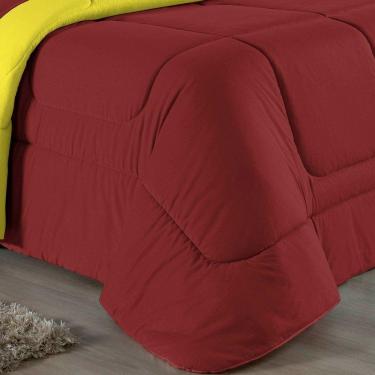 Imagem de Kit Edredom Dupla Face + Jogo De Lençol Casal Nobre 6 Peças Malha 100% Algodão - Vinho / Amarelo