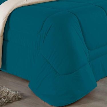 Imagem de Kit Edredom Dupla Face + Jogo De Lençol Solteiro Nobre 4 Peças Malha 100% Algodão - Petróleo / Palha