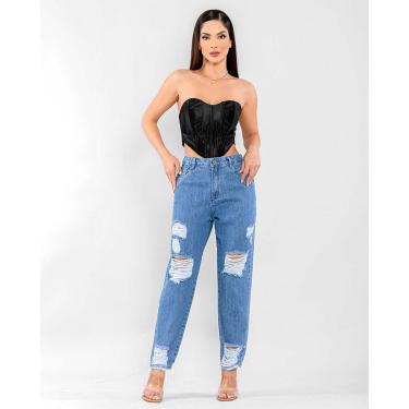 Imagem de CALÇA JEANS FEMININA CINTURA ALTA MOM RASGADA NA PERNA-Feminino