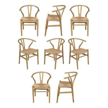 Imagem de Kit 8 Cadeiras de Jantar Wishbone em Madeira com Assento Rattan Bege