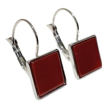 Imagem de Brinco Aço Gancho Fechado Agata Natural Quadrado Cor:Vermelho - SN STO