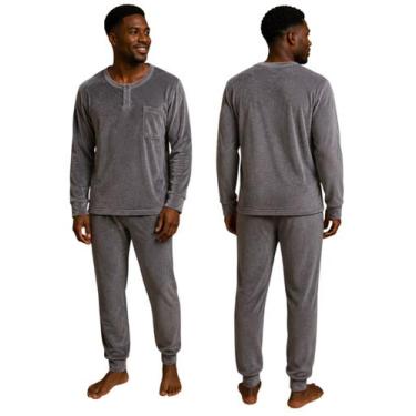 Imagem de Pijama Masculino Fechado Aveludado Toque de Seda Mangas Longas e Calça