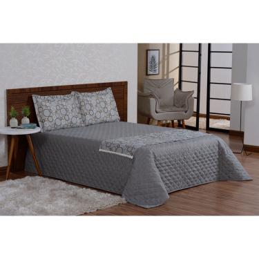 Imagem de Colcha cama casal padrão com xale estampado cinza 4 peças