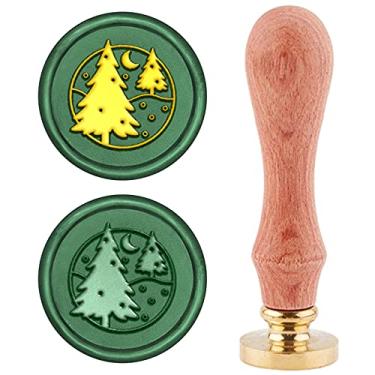 Imagem de Carimbo de selo de cera CRASPIRE Árvore de Natal Lua, selo de cera retrô carimbo de madeira selo de cera 25 mm alça de cabeça de latão removível para envelope de convites de festa