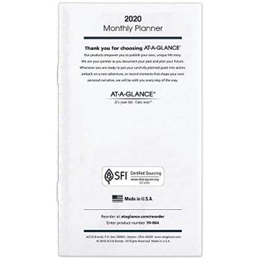 Imagem de AT-A-GLANCE Refil de agenda mensal 2020, para agenda 70-064, 8,8 cm x 15,2 cm, bolso (7090610)