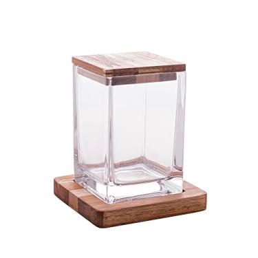 Imagem de Pote Multiuso de Cristal Com Suporte e Tampa Em Madeira Teca 11,5cm X 14,5cm - Woodart