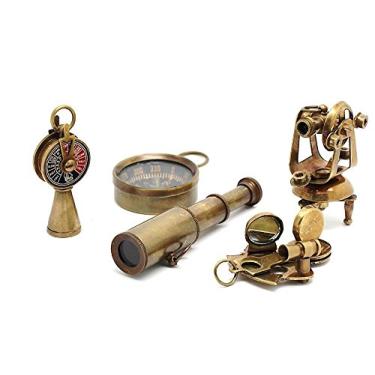 Imagem de Set of 5 Brass Miniature Nautical Replicas–Vintage-Style Telescope, Compass, Sextant, Theodolite & Telegraph–Steampunk Decor & Collectible Gift Set for Teens, Adventure Seekers & Maritime Enthusiasts
