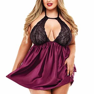 Imagem de Saia noturna de renda pijama loungewear ultramacio conjunto de pijama feminino camisola confortável plus size, roxo, P (55kg/165cm)