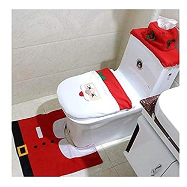 Imagem de Conjunto de capa de vaso sanitário e tapete para assento de Papai Noel, decoração de Natal vermelha, conjunto de 3 banheiros, Santa Claus