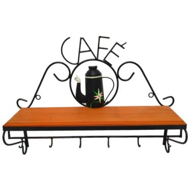 Imagem de Prateleira porta café de ferro e madeira super resistente ideal para armazenar xicaras e condimentos otima decoração para cantinhos do café, cafeterias, restaurantes e outros (Preto)