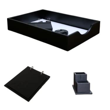 Imagem de Kit Organizador de Escritório - Conjunto para Organização de Mesa com 3 itens - Couro (Kit Escritório - Couro Preto - Linha Preta)