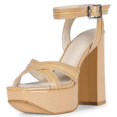 Imagem de Sandálias femininas de bico aberto salto alto salto grosso peep toe tira no tornozelo sapatos sociais sapatos de plataforma alta para mulheres, amarelo, 36 EU/5 EUA