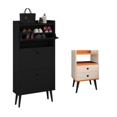 Imagem de Kit Quarto Sapateira Vertical 3 Gavetas Basculantes Dark Preto e Mesinha Lateral Pequena Nicho Organizador Dream Off White/Cinamomo – RPM
