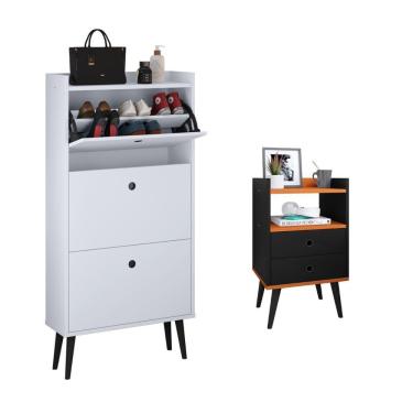 Imagem de Kit Quarto Sapateira Vertical 3 Gavetas Basculantes Dark Branco e Mesinha Lateral Pequena Nicho Organizador Dream Preto/Cinamomo – RPM