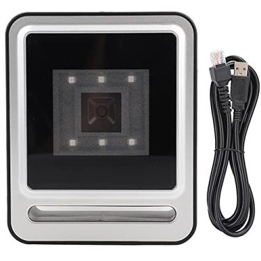 Imagem de Scanner de código de barras fixo de mesa 1D QR 2D leitor de código de barras mãos-livres com cabo USB luz LED digitalização omnidirecional leitor UPC leitor USB escâner com fio para POS biblioteca industrial varejo (prata)