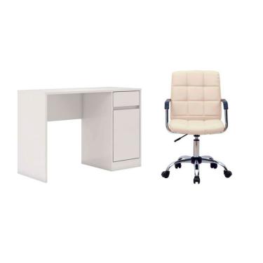 Imagem de Conjunto de Mesa Morada 1 PT 1 GV Branca com Cadeira de Escritório Secretária Giratória Fitz Bege