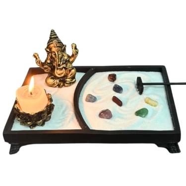 Imagem de Jardim Zen Japones Miniatura Retangular Ganesha com Pedras 7 Chakras Incensário Vareta e Castiçal + velas + incensos vareta