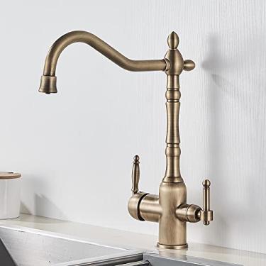Imagem de Torneira de cozinha com filtro dourado polido, torneira de cozinha para beber água pura, alças duplas montadas no deck, misturador de água quente e fria de 3 vias, latão antigo A