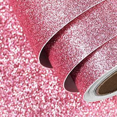Imagem de FunStick Papel de contato rosa glitter 40 x 609 cm Glitter Peel and Stick Papel de parede rosa brilhante autoadesivo Papel de parede Papel de parede rosa para meninas Quarto de parede Gavetas Decoração de presente