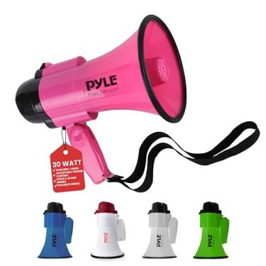 Imagem de Bullhorn portátil para alto-falante Megafone – Compacto e operado com bateria de 30 watts, microfone, 2 modos, som PA e alça dobrável para líder de torcida e uso policial – Pyle PMP34PK (rosa)