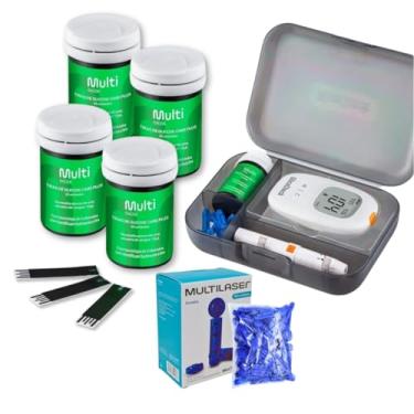 Imagem de Kit Com 100 Fitas Tiras Para Teste de Glicemia + 100 Lancetas + Lancetador + Apar Multi...