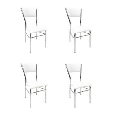 Imagem de Kit 4 Cadeiras De Cozinha Com Reforço Cromada Assento E Encosto Branco