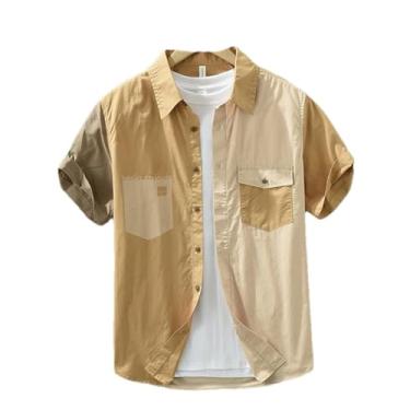 Imagem de Camisetas masculinas de manga curta de patchwork para homens camisas casuais de algodão soltas de verão, 8037 cáqui, GG