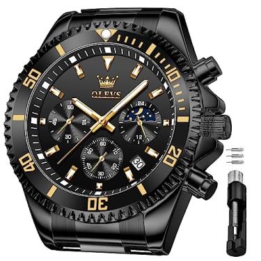 Imagem de OLEVS Relógios masculinos à prova d'água, aço inoxidável, à prova d'água, cronógrafo, relógio de pulso luxuoso, branco, luminoso, mostrador grande, analógico, quartzo masculino, Preto, Cronógrafo
