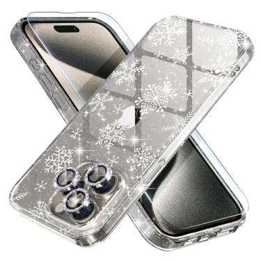 Imagem de Choiche Capa de Natal para iPhone 15 Pro, capa feminina fofa com glitter brilhante, [3 protetores de lente de câmera de diamante] [2 películas de vidro temperado] 6,1 polegadas (floco de neve com glitter)
