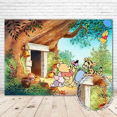 Imagem de YouRan Fundo com foto do Ursinho Pooh Amigos, 19 x 12 cm, pano de fundo para chá de bebê Ursinho Pooh para meninos e meninas, vinil Pooh, imagens de árvore para decoração de primeiro aniversário de
