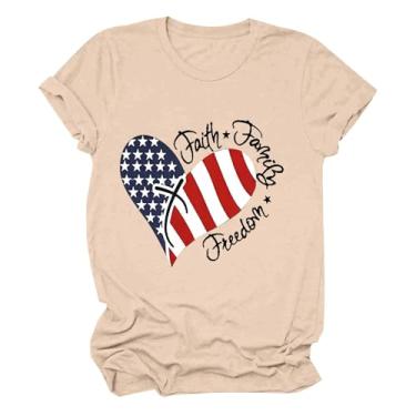 Imagem de Camiseta feminina 4 de julho, camiseta estampada com bandeira dos EUA, manga curta, gola redonda, túnica do Dia da Independência, Bege, G
