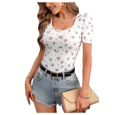 Imagem de SHENHE Camiseta feminina de malha canelada com gola quadrada floral e manga curta, Branco, GG