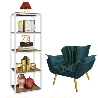 Imagem de Kit Poltrona Fatte com Manta Soft Verde e Estante Livreiro Ferro Branco MDF Caramelo Suede Azul Turquesa - Ahz Móveis