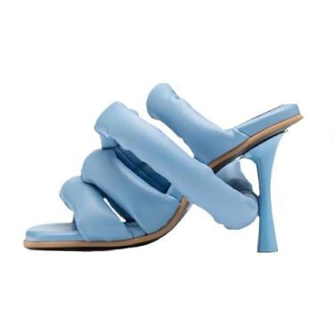 Imagem de UNWRBD Sandália feminina salto alto com bico quadrado macio e grosso nas costas de peixe vazado tamanho grande mules stiletto sandálias, azul, US4,5 EU34