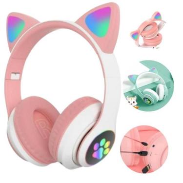 Imagem de Fone De Ouvido Gatinho Rosa - Gamer Sem Fio Com Luz Led - AL