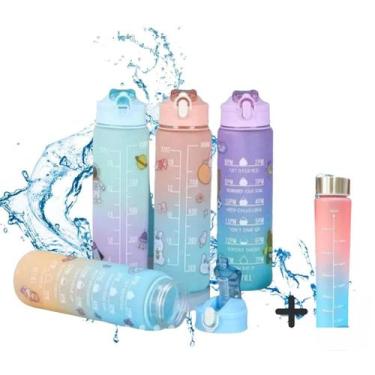 Imagem de Kit Garrafa Motivacional Fitness Antivazamento Squeeze Frases Hora Cer