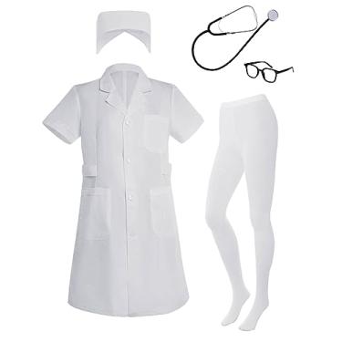 Imagem de mifengda Fantasia de enfermeira para mulheres, casaco de laboratório, branco, fantasia de médico, roupa de Halloween, inclui casaco, chapéu, estetoscópio, meias e óculos, Branco, GG