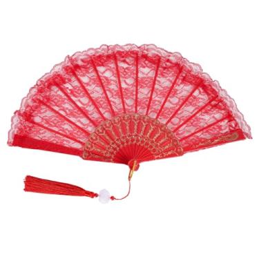 Imagem de Jmkcoz Leque dobrável portátil de renda bordado flor nupcial ventilador de mão chinês japonês vintage para fantasia dos anos 1920 casamento dança chá festa (1, vermelho)