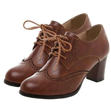 Imagem de SHEMEE Sapato feminino de salto alto grosso com bico redondo Oxfords com cadarço e salto bloco vintage Brogues, Marrom, 40