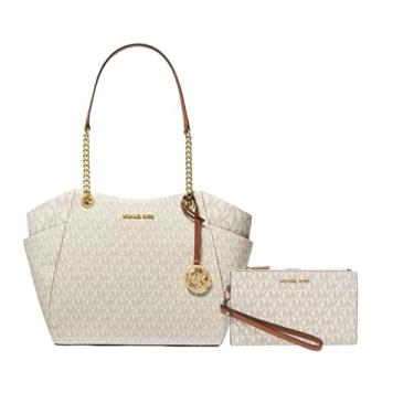 Imagem de Bolsa de ombro com logotipo grande Michael Michael Kors Jet Set para viagem com zíper duplo (assinatura baunilha)