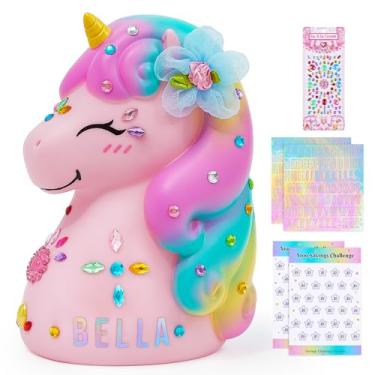 Imagem de MHJY Cofrinho de unicórnio cofrinho inquebrável com adesivos faça você mesmo, decoração de casa para crianças, meninas, aniversário, Páscoa, rosa