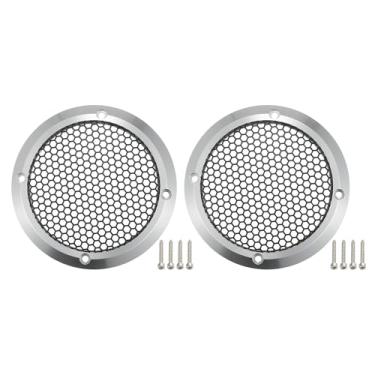 Imagem de ACROPIX Capa universal para grades de alto-falante de carro de 8,89 cm em malha redonda de 3,5 polegadas caixa protetora de subwoofer com parafusos de montagem liga de alumínio de ferro, tom prateado