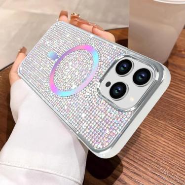 Imagem de LUVI Compatível com iPhone 15 Pro Max Bling Diamond Case Magnetic Glitter 3D Rhinestone Compatível com MagSafe Sparkly Electroplate Bumper Capa protetora de luxo para mulheres meninas cor