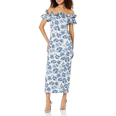 Imagem de Shoshanna Vestido midi feminino Janey tomara que caia, Marfim/azul jeans, 36