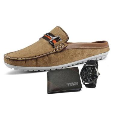 Imagem de  Mocassim Mule Masculino Em Camurça Bege LA FAIRE Com Carteira Slim TU