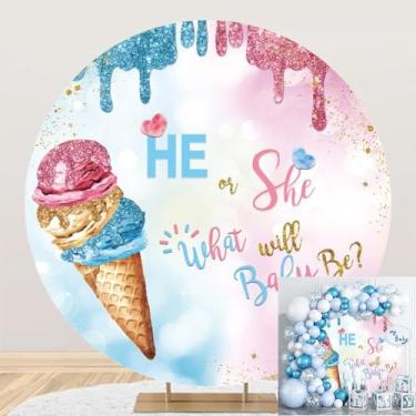 Imagem de TTQYFNM 2 x 2 m Capa de fundo redondo revelador de gênero de sorvete, ele ou ela, o que será o bebê com glitter, rosa ou azul, círculo de sorvete, fundo fotográfico para decoração de festa de chá de